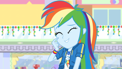 Size: 1164x655 | Tagged: safe, derpibooru import, screencap, rainbow dash, better together, equestria girls, holidays unwrapped, awkward, awkward smile, cute, dashabetes, geode of super speed, magical geodes, plusplus