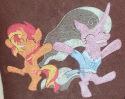 Size: 1208x961 | Tagged: safe, artist:malte279, mistmane, sunset shimmer, pony, chalk, chalk drawing, czequestria, czequestria 2019, dancing, elley-ray hennessey, petra hobzová, street art, traditional art, tribute