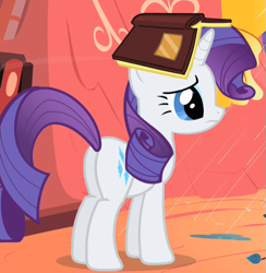 Size: 567x582 | Tagged: safe, screencap, rarity, pony, unicorn, look before you sleep, book, book hat, cropped, cute, plot, raribetes, solo