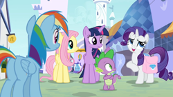 Size: 1366x768 | Tagged: safe, derpibooru import, screencap, fluttershy, rainbow dash, rarity, spike, twilight sparkle, twilight sparkle (alicorn), alicorn, dragon, pegasus, pony, unicorn, the ending of the end, canterlot, saddle bag, tower, window, winged spike