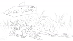 Size: 1280x720 | Tagged: safe, artist:v747, princess celestia, alicorn, pony, monochrome, sillestia, silly, silly pony, sketch, solo