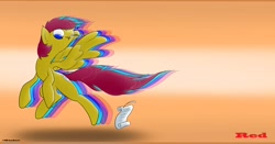 Size: 3960x2080 | Tagged: safe, artist:gtsdev, derpibooru import, oc, oc only, pegasus, pony, digital art, feather, notepad, red, smiling, solo, wallpaper