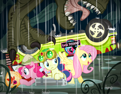 Size: 900x697 | Tagged: safe, artist:pixelkitties, bon bon, fluttershy, pinkie pie, sweetie drops, dinosaur, earth pony, parasprite, pegasus, pony, tyrannosaurus rex, amber, crossover, ford explorer, hat, jurassic park, parody, pith helmet, secret agent sweetie drops, voice actor joke