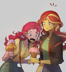 Size: 1480x1616 | Tagged: safe, artist:tcn1205, pinkie pie, sunset shimmer, equestria girls, alternate hairstyle, cute, duo, female, food, gray background, ice cream, ice cream cone, open mouth, pigtails, simple background