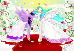 Size: 1385x966 | Tagged: safe, artist:joyfulkitty, princess celestia, twilight sparkle, twilight sparkle (alicorn), alicorn, pony, bride, clothes, dress, eyes closed, female, flower, horn ring, jewelry, kissing, lesbian, mare, marriage, raised hoof, ring, rose, shipping, twilestia, wedding, wedding dress, wedding ring