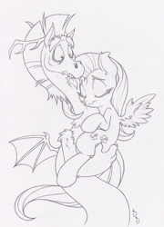 Size: 720x1000 | Tagged: safe, artist:dfectivedvice, discord, fluttershy, pegasus, pony, discoshy, female, grayscale, holding, hug, male, monochrome, shipping, simple background, straight, traditional art