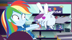 Size: 1164x655 | Tagged: safe, derpibooru import, screencap, rainbow dash, dog, better together, equestria girls, holidays unwrapped, female, geode of super speed, magical geodes, plushie, plusplus, toy