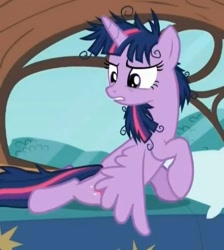 Size: 446x497 | Tagged: safe, derpibooru import, screencap, twilight sparkle, twilight sparkle (alicorn), alicorn, pony, inspiration manifestation, bed, cropped, female, mare, messy mane, solo