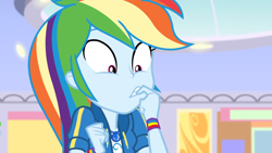 Size: 1164x655 | Tagged: safe, derpibooru import, screencap, rainbow dash, better together, equestria girls, holidays unwrapped, canterlot mall, dashing through the mall, female, finger in mouth, geode of super speed, magical geodes, solo