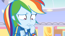 Size: 1164x655 | Tagged: safe, derpibooru import, screencap, rainbow dash, better together, equestria girls, holidays unwrapped, anxious, canterlot mall, dashing through the mall, female, geode of super speed, magical geodes