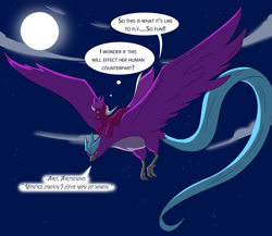 Size: 3000x2600 | Tagged: safe, artist:tfsubmissions, rarity, oc, oc:burning passion, bird, pony, unicorn, articuno, birdified, chest fluff, cloud, dialogue, female, flying, full moon, mare, moon, night, pokefied, pokémon, post-transformation, raricuno, smiling, species swap, speech bubble, speech change, spread wings, stars, thought bubble, transformation, transformed, wings