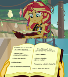 Size: 640x720 | Tagged: safe, edit, edited screencap, screencap, sunset shimmer, better together, equestria girls, forgotten friendship, austin powers, bucket list, geode of empathy, implied sunset twiangle, journal, list, magical geodes, meta, no fourth wall, pen