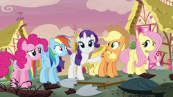 Size: 1280x720 | Tagged: safe, derpibooru import, screencap, applejack, fluttershy, pinkie pie, rainbow dash, rarity, earth pony, pegasus, pony, unicorn, castle sweet castle, ponyville, shovel