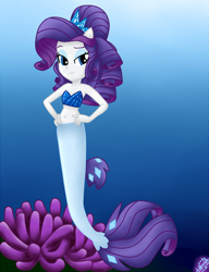 Size: 1500x1950 | Tagged: safe, artist:liniitadash23, rarity, mermaid, seapony (g4), equestria girls, my little pony: the movie, alternate hairstyle, belly button, clothes, female, fins, lidded eyes, mermaid tail, mermaidized, ocean, ponied up, pony ears, seaponified, seapony rarity, solo, species swap, underwater