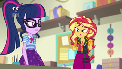 Size: 1280x720 | Tagged: safe, screencap, sci-twi, sunset shimmer, twilight sparkle, better together, equestria girls, holidays unwrapped, cellphone, clothes, geode of empathy, geode of telekinesis, glasses, magical geodes, pencil, phone, plusplus, ponytail, skirt, smartphone