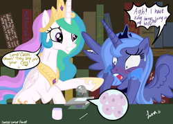 Size: 4823x3445 | Tagged: safe, artist:darkest-lunar-flower, princess celestia, princess luna, alicorn, pony, absurd resolution, biology, blushing, book, bookshelf, cell, cells, duo, emoticon, female, luna is not amused, mare, microscope, on the moon for too long, open mouth, royal sisters, s1 luna, scared, science, spread wings, sweat, the ugly barnacle, yelling