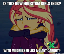Size: 600x512 | Tagged: safe, edit, edited screencap, screencap, sunset shimmer, better together, equestria girls, holidays unwrapped, sunset's backstage pass!, caption, cropped, discussion by background ponies, image macro, sad, solo, sunsad shimmer, text, the end of equestria girls, thems the breaks
