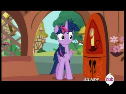 Size: 720x540 | Tagged: safe, derpibooru import, screencap, twilight sparkle, twilight sparkle (alicorn), alicorn, pony, inspiration manifestation, angry, door, female, hub logo, mare, messy mane, solo