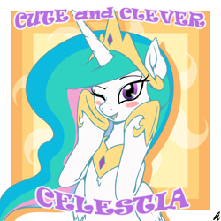 Size: 1000x1000 | Tagged: safe, artist:acesrockz, princess celestia, alicorn, pony, blush sticker, blushing, chest fluff, clever, crown, cute, cutelestia, ear fluff, female, jewelry, looking at you, mare, one eye closed, open mouth, open smile, regalia, smiling, solo, truth, wink