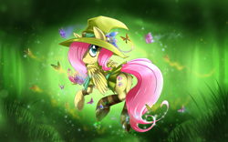 Size: 2520x1575 | Tagged: safe, artist:malifikyse, fluttershy, butterfly, pegasus, pony, clothes, grass, green background, plot, simple background, socks, solo, sparkles, striped socks, witch