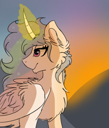 Size: 600x700 | Tagged: safe, artist:cq-the-unicorn, princess celestia, alicorn, pony, cheek fluff, chest fluff, ear fluff, fluffy, looking back, magic, solo, wing fluff