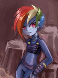 Size: 580x773 | Tagged: safe, artist:kinda-l, derpibooru import, rainbow dash, equestria girls, the cutie re-mark, alternate hairstyle, alternate timeline, apocalypse dash, colored pupils, crystal war timeline, equestria girls-ified, female, looking at you, solo, torn ear