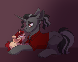 Size: 1960x1574 | Tagged: safe, artist:connorbal, derpibooru import, king sombra, oc, oc:red velvet, unicorn, clothes, female, filly, magical gay spawn, offspring, oopsverse, parent:king sombra, parent:svengallop, parents:svenbra, prone, shirt