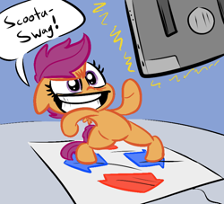 Size: 770x700 | Tagged: safe, artist:elslowmo, artist:tess, scootaloo, colored, dance dance revolution, dancing, rhythm game, solo, swag