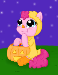 Size: 612x792 | Tagged: safe, artist:poppun, pinkie pie, earth pony, pony, animal costume, candy, chicken pie, chicken suit, clothes, costume, cute, diapinkes, eating, filly, nightmare night, nightmare night costume, younger