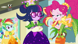 Size: 1280x720 | Tagged: safe, screencap, pinkie pie, rainbow dash, sci-twi, sunset shimmer, twilight sparkle, better together, equestria girls, holidays unwrapped, clothes, cornucopia costumes, crossed arms, dress, female, glasses, o come all ye squashful, plusplus