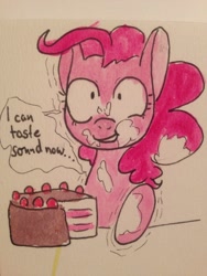 Size: 1600x2133 | Tagged: safe, artist:whale, pinkie pie, earth pony, pony, cake, crazy face, dialogue, faic, food, frosting, solo, synesthesia, traditional art