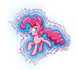 Size: 2200x2000 | Tagged: safe, artist:heir-of-rick, pinkie pie, earth pony, pony, anniversary, excited, female, happy birthday mlp:fim, laughter song, mare, mlp fim's fifth anniversary, open mouth, raised hoof, raised leg, simple background, smile song, smiling, solo, song, text, white background