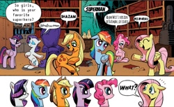 Size: 602x369 | Tagged: safe, derpibooru import, edit, idw, applejack, fluttershy, pinkie pie, rainbow dash, rarity, twilight sparkle, twilight sparkle (alicorn), alicorn, earth pony, pegasus, pony, unicorn, spoiler:comic, spoiler:comic17, adam west, batman, dc comics, exploitable meme, mane 6 interests, mane six, marvel, marvel comics, meme, ms. marvel, obligatory pony, shazam, superhero, superman, wonder woman