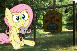 Size: 775x512 | Tagged: safe, fluttershy, pegasus, pony, .mov, camp, camping, funko pop!, jason voorhees, pony.mov