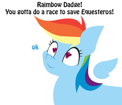 Size: 677x581 | Tagged: safe, artist:lil miss jay, derpibooru import, rainbow dash, pegasus, pony, cute, dialogue, engrish, exclamation point, female, floating wings, heart, heart eyes, simple background, smiling, solo, text, white background, wingding eyes, wings