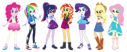 Size: 1024x423 | Tagged: safe, applejack, fluttershy, pinkie pie, rainbow dash, rarity, sci-twi, sunset shimmer, twilight sparkle, better together, equestria girls, applejack's hat, clothes, converse, cowboy hat, eqg promo pose set, geode of empathy, geode of fauna, geode of shielding, geode of super speed, geode of super strength, geode of telekinesis, hat, humane five, humane seven, humane six, looking at you, magical geodes, pencil skirt, photo, shoes, simple background, skirt, sneakers, transparent background