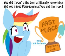 Size: 677x581 | Tagged: safe, artist:lil miss jay, derpibooru import, rainbow dash, pegasus, pony, cute, dialogue, engrish, exclamation point, female, heart, heart eyes, open mouth, simple background, smiling, solo focus, teeth, text, trophy, white background, wingding eyes