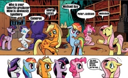 Size: 602x369 | Tagged: safe, derpibooru import, edit, idw, applejack, fluttershy, pinkie pie, rainbow dash, rarity, twilight sparkle, twilight sparkle (alicorn), alicorn, earth pony, pegasus, pony, unicorn, spoiler:comic, spoiler:comic17, exploitable meme, mane 6 interests, mane six, meme, obligatory pony, producer