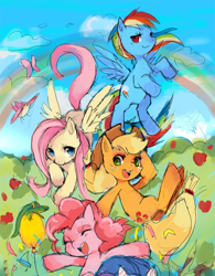 Size: 910x1167 | Tagged: safe, alternate version, artist:suikuzu, derpibooru import, applejack, fluttershy, gummy, pinkie pie, rainbow dash, rarity, alligator, bird, butterfly, earth pony, pegasus, pony, unicorn, apple, apple tree, applejack's hat, balloon, cowboy hat, female, food, hat, male, mare, rainbow, sky, stetson, tree