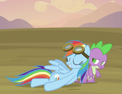 Size: 645x495 | Tagged: safe, derpibooru import, screencap, rainbow dash, spike, dragon, pegasus, pony, hurricane fluttershy, cropped, duo, eyes closed, female, goggles, lying down, male, mare, out of context, rainbowspike, shipping, straight, wat