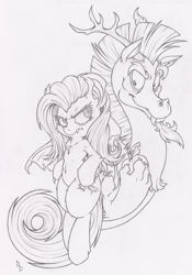 Size: 1048x1500 | Tagged: safe, artist:dfectivedvice, discord, fluttershy, bat pony, pony, chest fluff, discobat, discoshy, female, flutterbat, frown, grayscale, male, monochrome, shipping, smirk, straight, traditional art