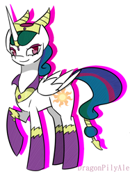 Size: 812x1086 | Tagged: safe, artist:dragonpilyale, princess celestia, alicorn, pony, dark mirror universe, evil celestia, raised hoof, solo