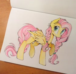 Size: 1024x988 | Tagged: safe, artist:ten-dril, fluttershy, pegasus, pony, alternate hairstyle, blushing, braid, cute, ear fluff, female, flower, flower in hair, pigtails, shyabetes, solo, traditional art