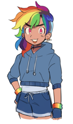 Size: 399x675 | Tagged: safe, artist:bonsaisonly, derpibooru import, rainbow dash, human, alternate hairstyle, choker, clothes, ear piercing, earring, female, fingerless gloves, gloves, hoodie, humanized, jewelry, open mouth, piercing, shirt, shorts, simple background, solo, sports shorts, white background, wristband