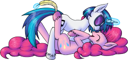 Size: 1584x748 | Tagged: safe, artist:skorpionletun, dj pon-3, pinkie pie, vinyl scratch, earth pony, pony, unicorn, eyes closed, feather, female, laughing, lesbian, levitation, magic, on back, open mouth, shipping, simple background, smiling, telekinesis, tickle torture, tickling, transparent background, unshorn fetlocks, vinylpie