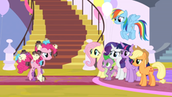 Size: 1366x768 | Tagged: safe, derpibooru import, screencap, applejack, fluttershy, pinkie pie, rainbow dash, rarity, spike, twilight sparkle, twilight sparkle (alicorn), alicorn, dragon, earth pony, pegasus, pony, unicorn, the ending of the end, balloon, carpet, flying, food, frosting, mane six, messy, sprinkles, stairs, winged spike