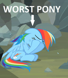 Size: 600x686 | Tagged: safe, derpibooru import, edit, edited screencap, screencap, rainbow dash, pegasus, pony, may the best pet win, abuse, arrow, background pony strikes again, cropped, crying, dashabuse, eyes closed, female, frown, injured, mare, meme, op is a cuck, op is trying to start shit, op isn't even trying anymore, rock, sad, scratches, sitting, solo, spread wings, stuck, text, why, wings