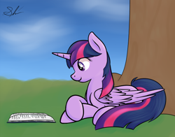 Size: 700x550 | Tagged: safe, artist:shiverbear, derpibooru import, twilight sparkle, twilight sparkle (alicorn), alicorn, pony, book, female, mare, prone, reading, solo, tree