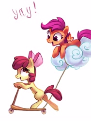 Size: 2586x3448 | Tagged: safe, artist:holivi, apple bloom, scootaloo, cloud, cute, flying, high res, scooter, towing