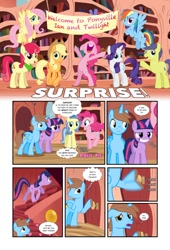 Size: 738x1083 | Tagged: safe, artist:koolfrood, derpibooru import, applejack, fluttershy, pinkie pie, rainbow dash, rarity, sunshower, twilight sparkle, oc, oc:ian denney, alicorn, earth pony, pegasus, pony, unicorn, comic:ian's story, comic, golden oaks library, mane six